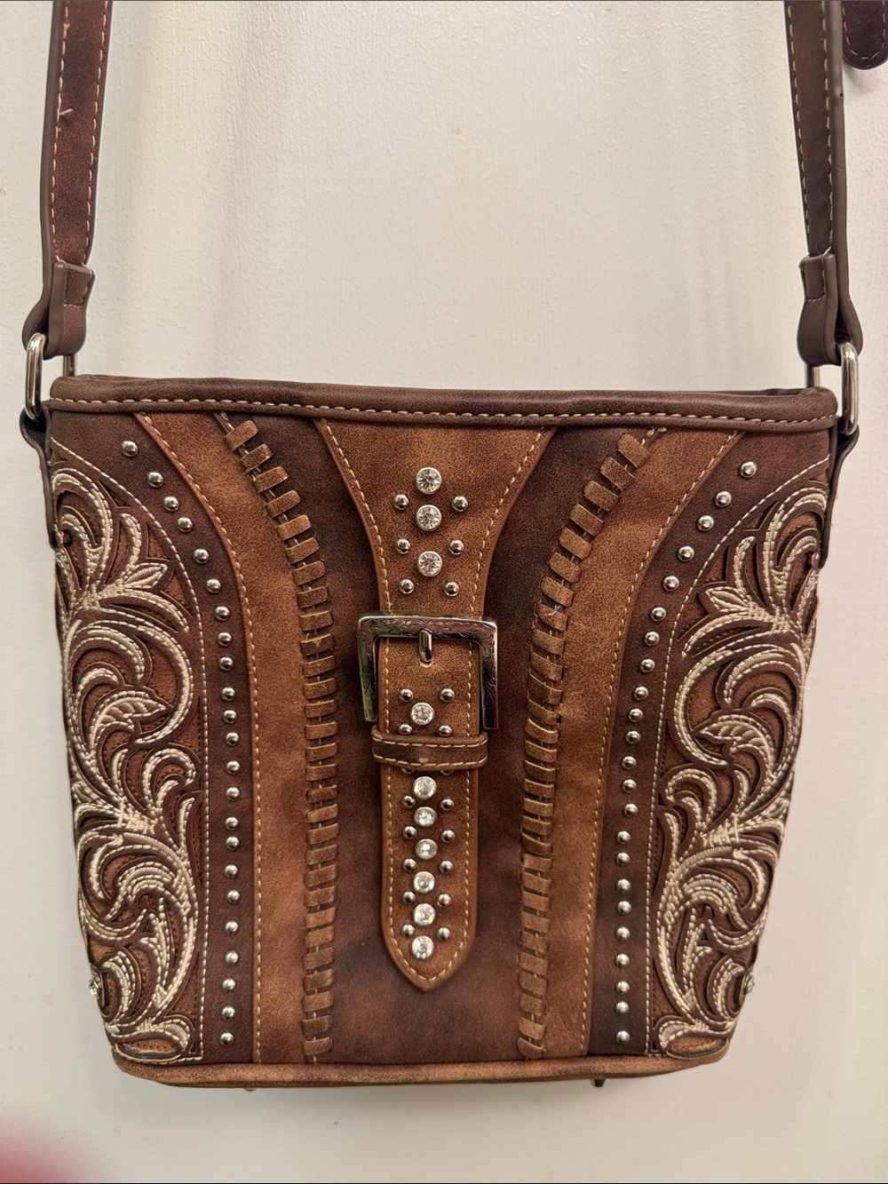 Montana West Brown Suede Embroidered Crossbody with Studded Buckle